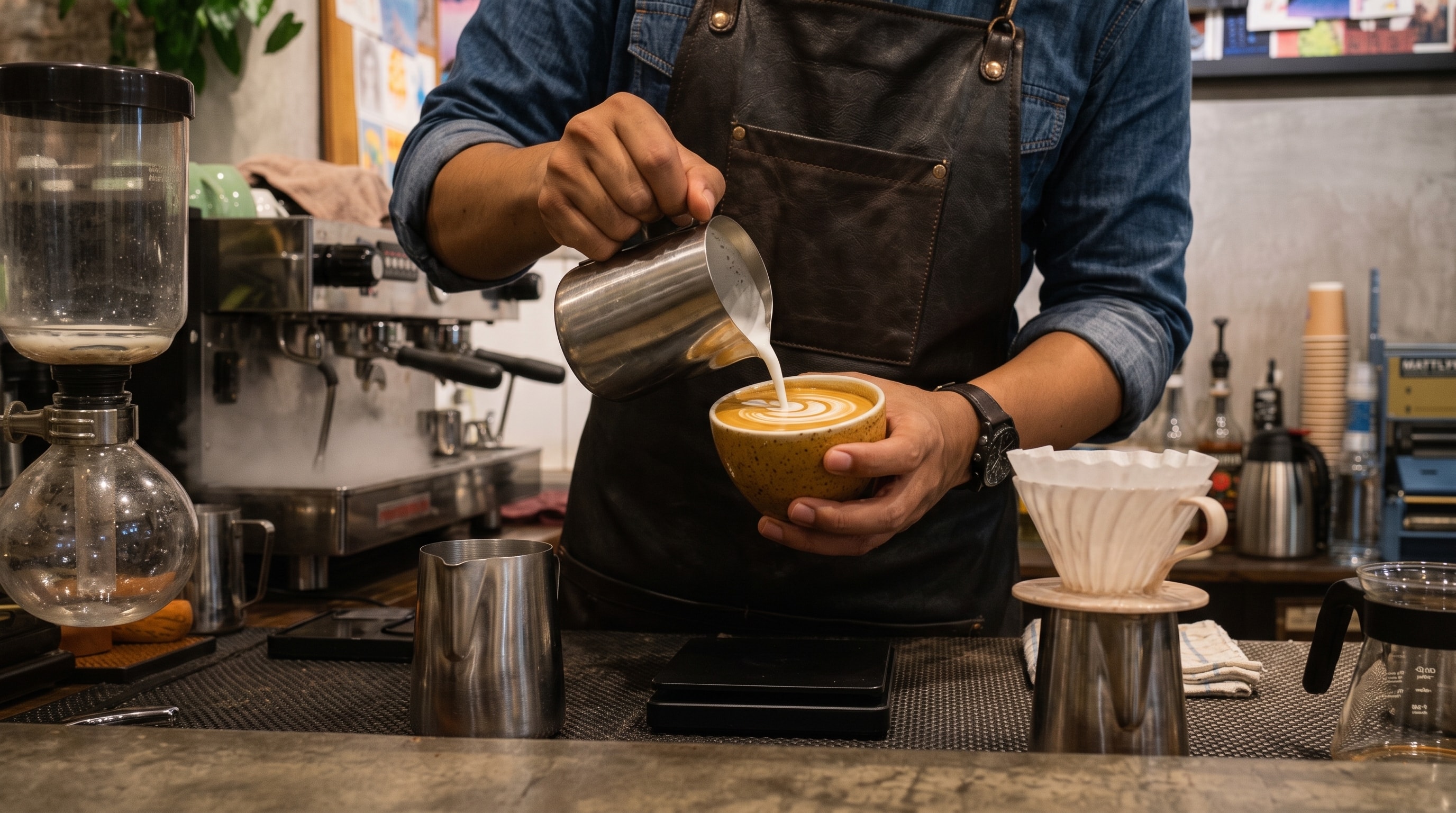Barista menuang latte di meja bar Sembilan Coffee House